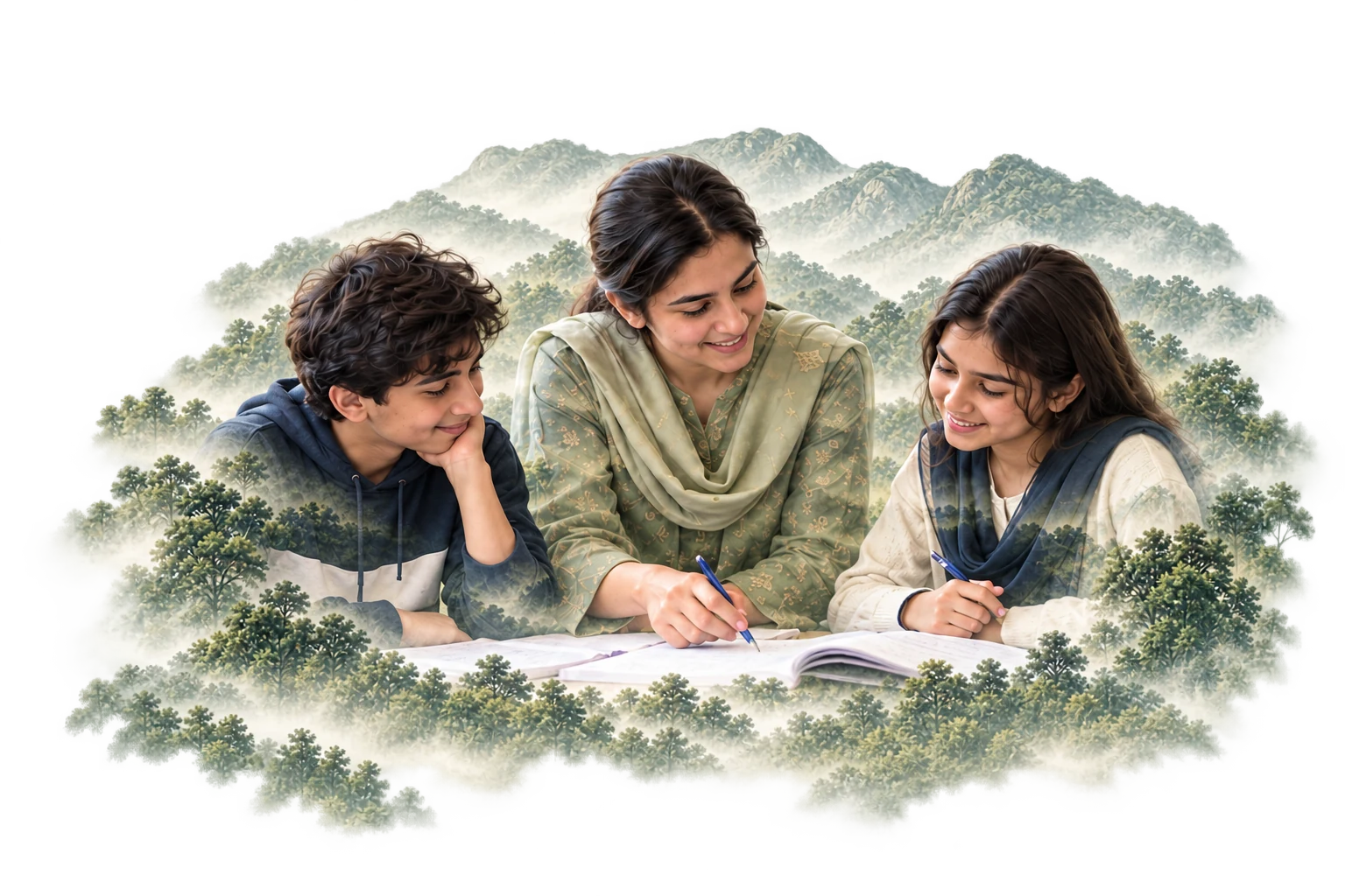 Tutor helping two students with a notebook, blended with green hills.