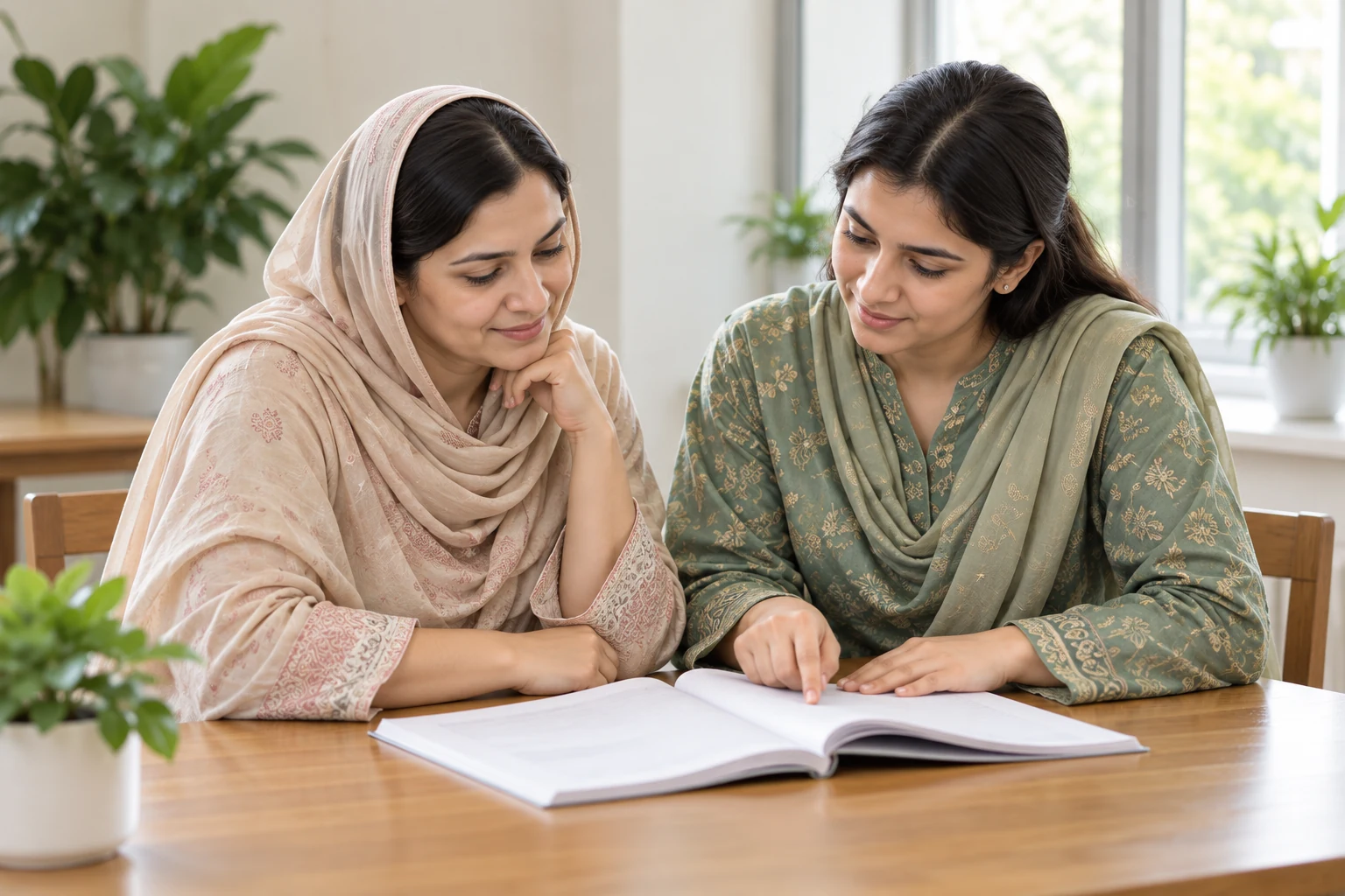 Parent and tutor reviewing a student's notebook together.