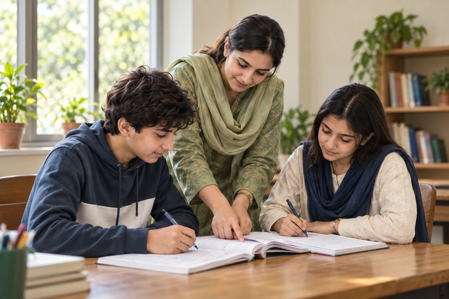 Tutor guiding two students through written exercises.